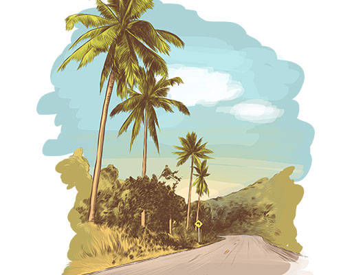 风景矢量手绘椰子树矢量公路矢量风景图案