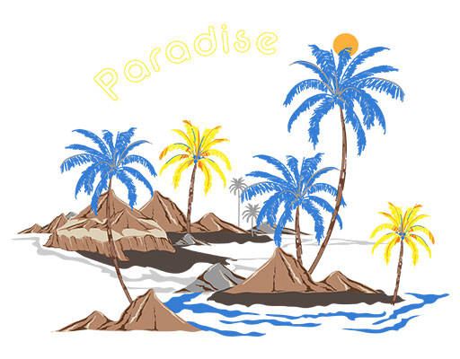 手绘椰子树矢量卡通山峰矢量海洋矢量风景图案