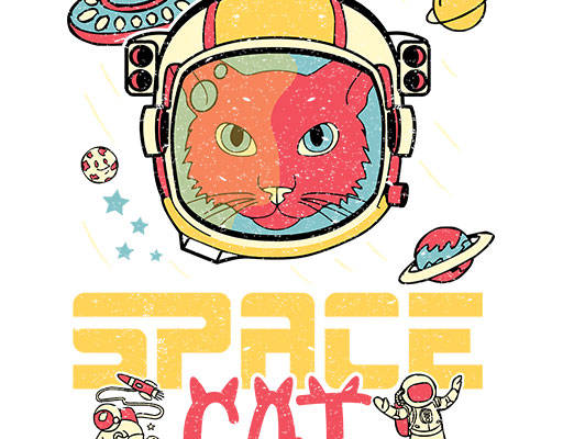 卡通猫咪头像宇航员猫图案破碎英文字母矢量