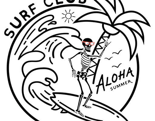 骷髅头矢量手绘椰子树冲浪骷髅头海浪树木矢量