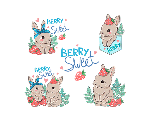 卡通兔子图案手绘兔子儿童印花素材草莓兔子印花素材兔子印花图案