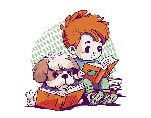手绘儿童印花素材卡通小狗图案看书的男孩儿童印花素材可爱