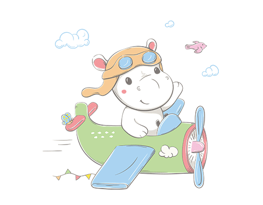 卡通开飞机的河马手绘卡通动物儿童印花素材T恤卫衣图案