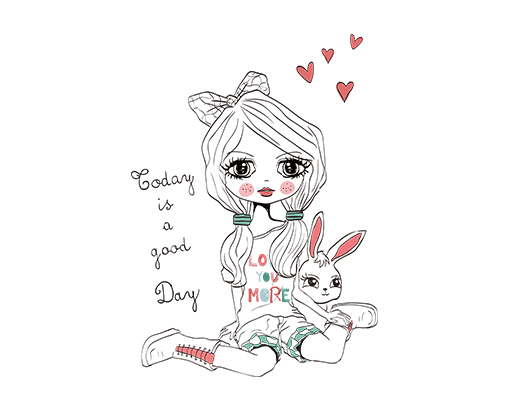 卡通女孩图案手绘女孩头像卡通兔子简笔卡通人物儿童印花素材