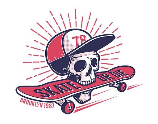 骷颅头矢量滑板图案戴帽子的卡通骷颅头SKATE