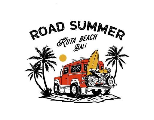 卡通汽车图案吉普车热带风景图案英文字母摩托车椰子树手绘汽车