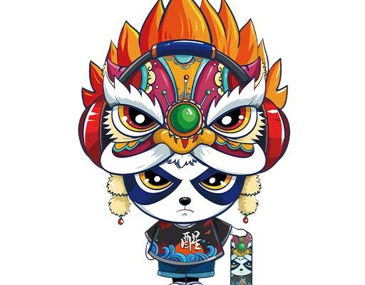 卡通熊猫狮子头熊猫图案中国风卡通动物带耳机的狮子头滑板卡通熊猫