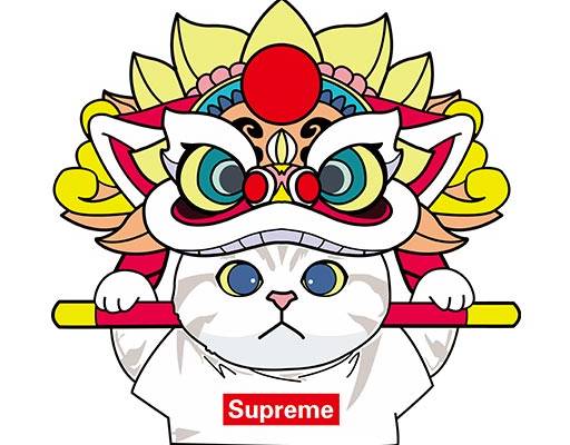 卡通猫咪图案狮子头猫咪卡通动物图案彩色狮子头舞狮图案中国风卡通图案