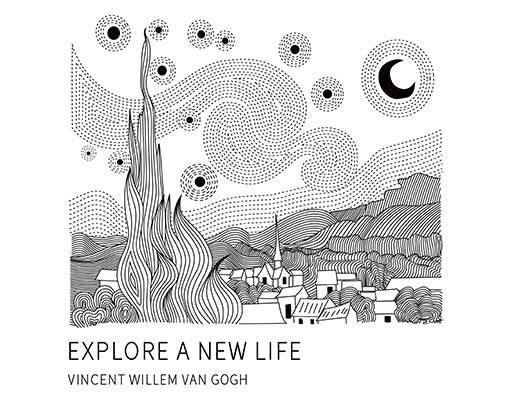 梵高手稿矢量梵高星空图案世界名画线稿矢量线条风景矢量房子山峰线稿