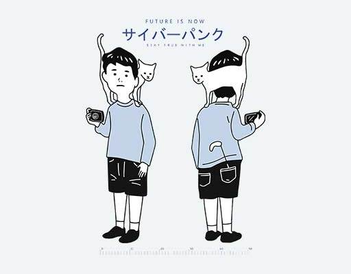 卡通小男孩矢量印花素材线条男孩卡通猫日本文字图案