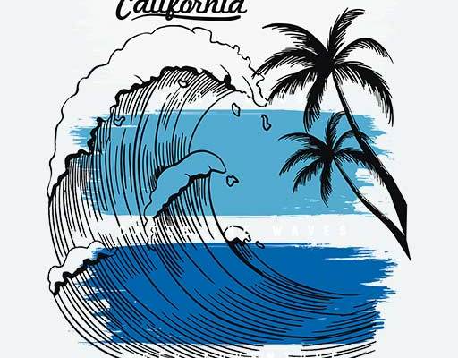 卡通海浪矢量椰子树矢量涂鸦背景矢量