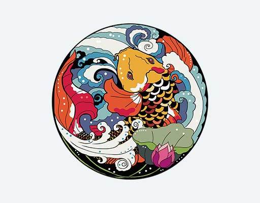 鱼矢量素材卡通彩色鱼水圆形荷花矢量素材海浪图案