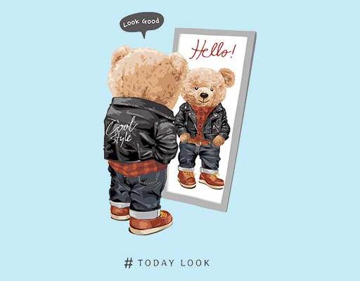 照镜子的小熊矢量英文字母卡通熊毛绒玩具矢量熊酷酷小熊夹克熊矢量