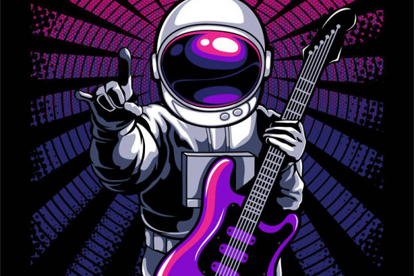 宇航员与紫色吉他：太空音乐之旅印花设计