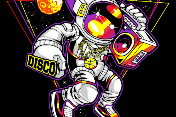 潮流宇航员街头嘻哈风格插画，复古DISCO音乐炫酷印花设计
