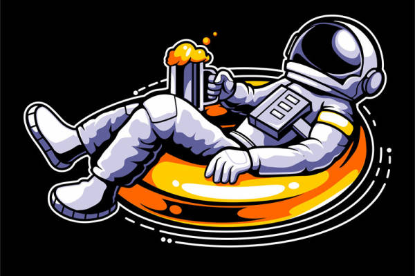 太空宇航员惬意漂浮饮酒插画，休闲幽默潮流印花设计