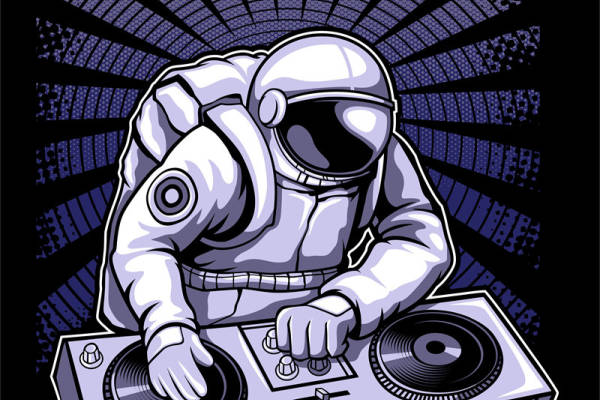 宇航员DJ潮流音乐混音插画，电子音乐派对个性印花设计