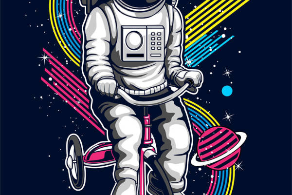 宇航员骑粉色自行车穿梭星际的创意印花设计