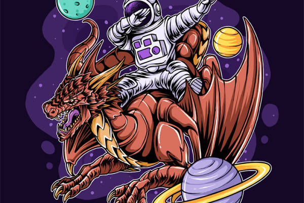宇航员骑龙：穿越星际的奇幻冒险印花设计