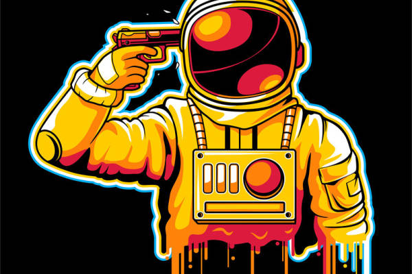 宇航员涂鸦风:黄色宇航服持枪的街头潮流印花设计