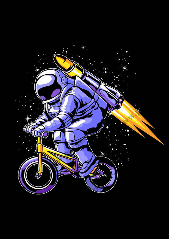 太空主题服装印花设计:宇航员与自行车