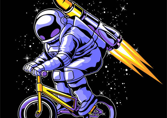 太空探险主题服装印花设计：宇航员骑行火箭单车