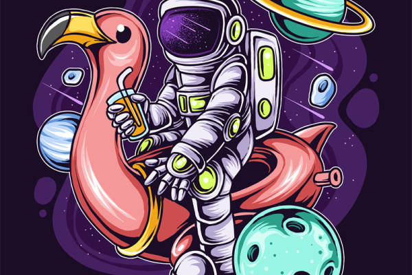 太空探险主题服装印花设计：宇航员与火烈鸟的奇妙邂逅