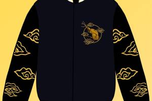 时尚东方风格服装裁片印花设计：金色凤凰与云纹