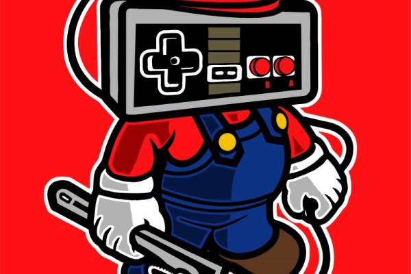 复古游戏机消防员主题服装印花设计