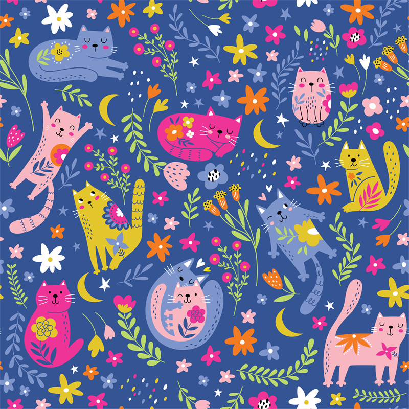 可爱猫咪与花卉图案服装裁片印花设计
