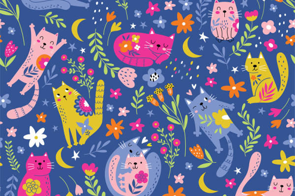 可爱猫咪与花卉图案服装裁片印花设计