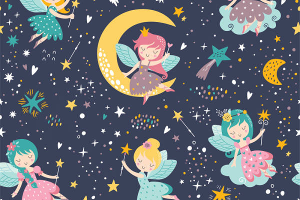梦幻童话风格服装印花设计：星星月亮仙女