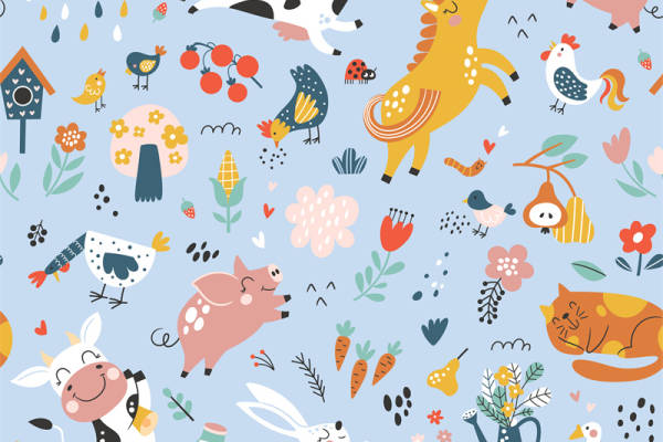 可爱动物与田园风光主题服装印花设计