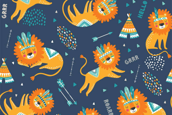 创意卡通狮子服装印花设计，趣味满印图案