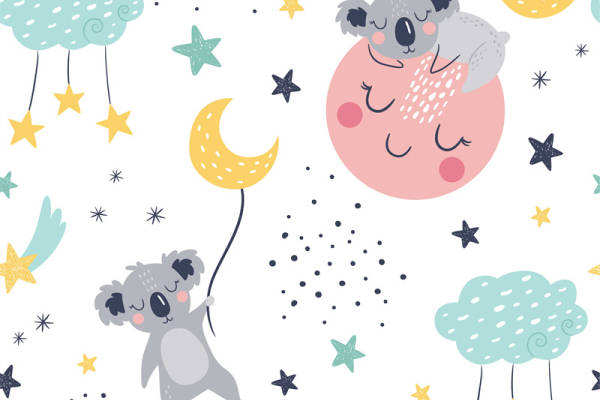 梦幻卡通风格服装印花设计：可爱考拉与月亮