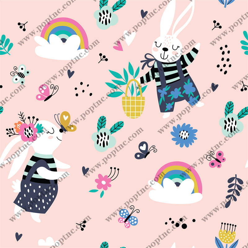 可爱兔子与彩虹主题服装裁片印花设计