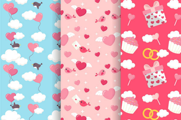 浪漫粉色系面料印花，可爱小鸟与心形图案服装印花设计