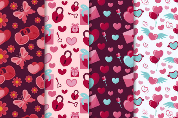 浪漫粉色系面料印花，爱心锁与花卉图案服装印花设计