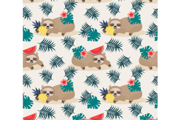 夏季清新风格面料印花：可爱树懒与热带水果服装印花设计