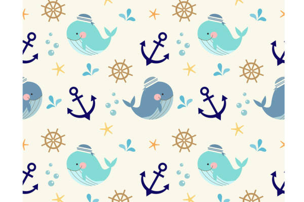 海洋主题面料印花设计：可爱鲸鱼与船锚图案服装印花