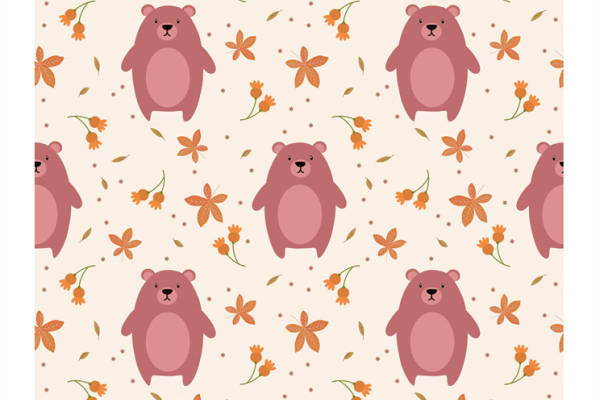 可爱卡通熊与秋季花朵图案服装印花面料