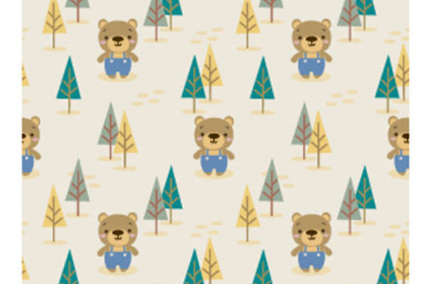 可爱卡通熊与松树图案服装印花面料设计