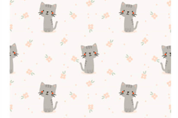 可爱灰色小猫与粉色花朵图案面料印花服装