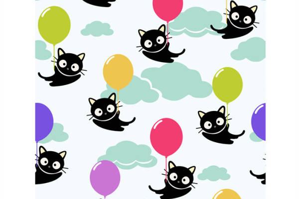 可爱卡通黑猫气球服装印花面料设计