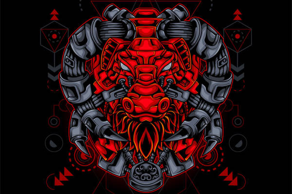 时尚潮牌机械风格红色狮子裁片印花服装