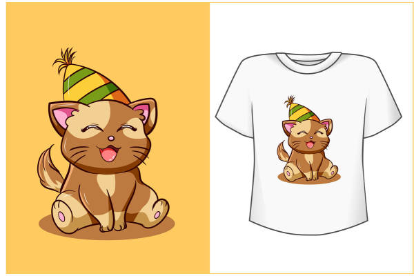 可爱卡通猫咪裁片印花服装，夏季时尚潮流T恤设计