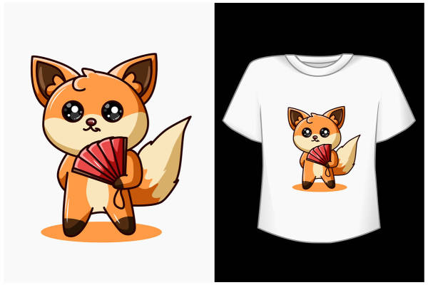 可爱狐狸手持折扇裁片印花服装印花设计