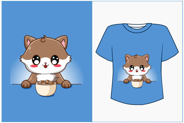 可爱卡通狐狸吃面图案裁片印花服装印花T恤设计