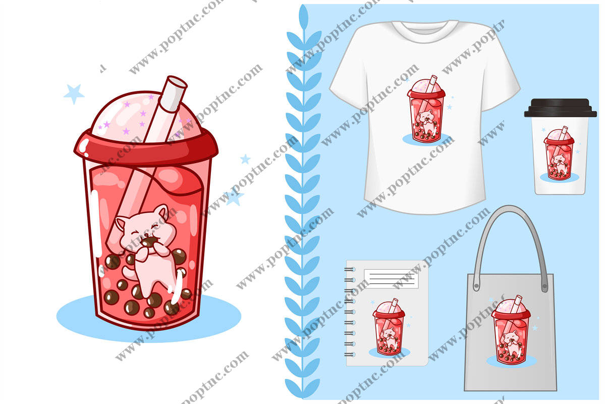 可爱猫咪珍珠奶茶裁片印花服装印花设计