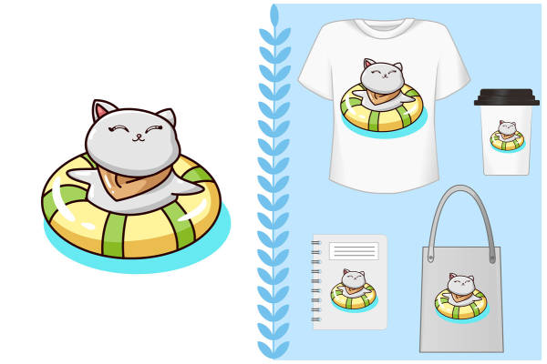 可爱猫咪裁片印花服装 夏日清新风格T恤 咖啡杯套 笔记本封面